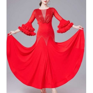 Women girls black red sequins ballroom dance dresses for female flare sleeves waltz tango foxtrot smooth dance long gown for female